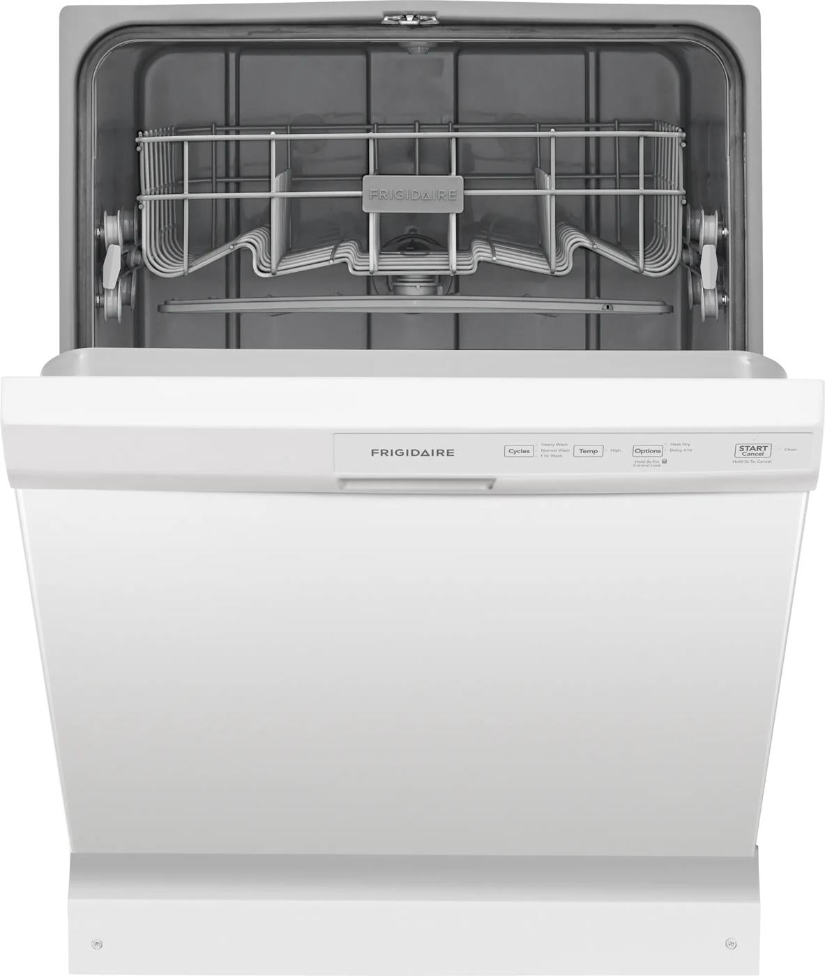 Open white built-in dishwasher showing upper rack and control panel in kitchen appliances and dishwashers collection
