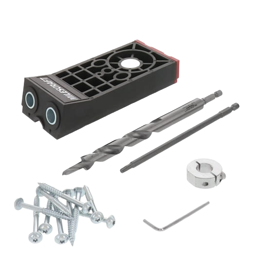 Heavy-duty black pocket hole jig with drill bits, screws, hex key, and collar for woodworking tool accessories.