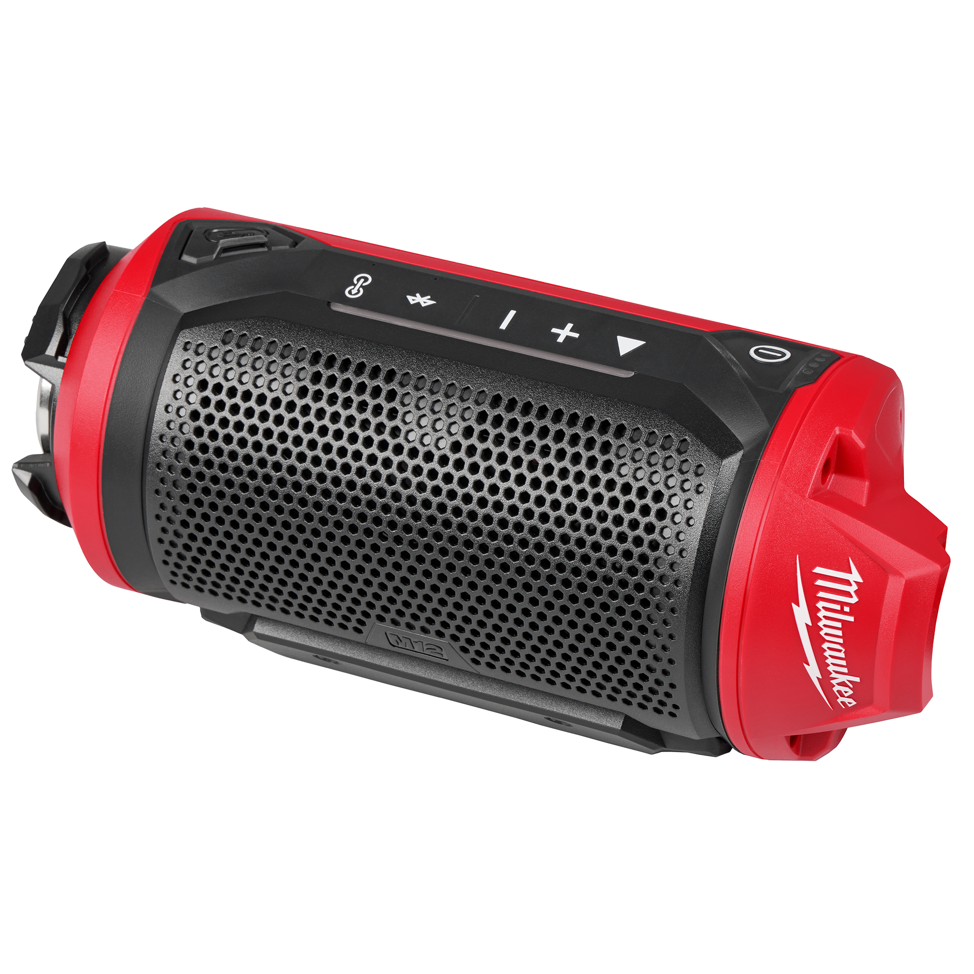Portable red and black Bluetooth speaker with PACKOUT compatibility for tools and home improvement use