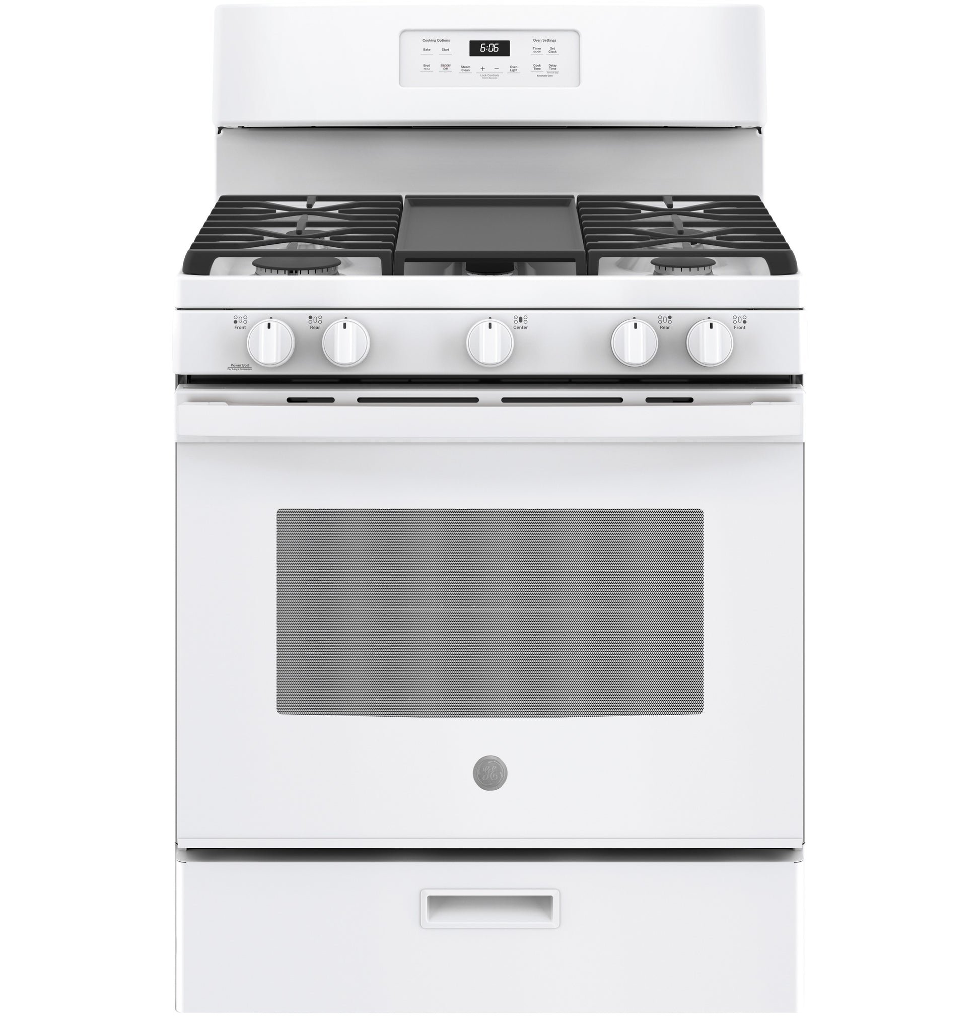 white free-standing gas range with five burners, front control knobs, digital display, and oven window in kitchen appliances collection