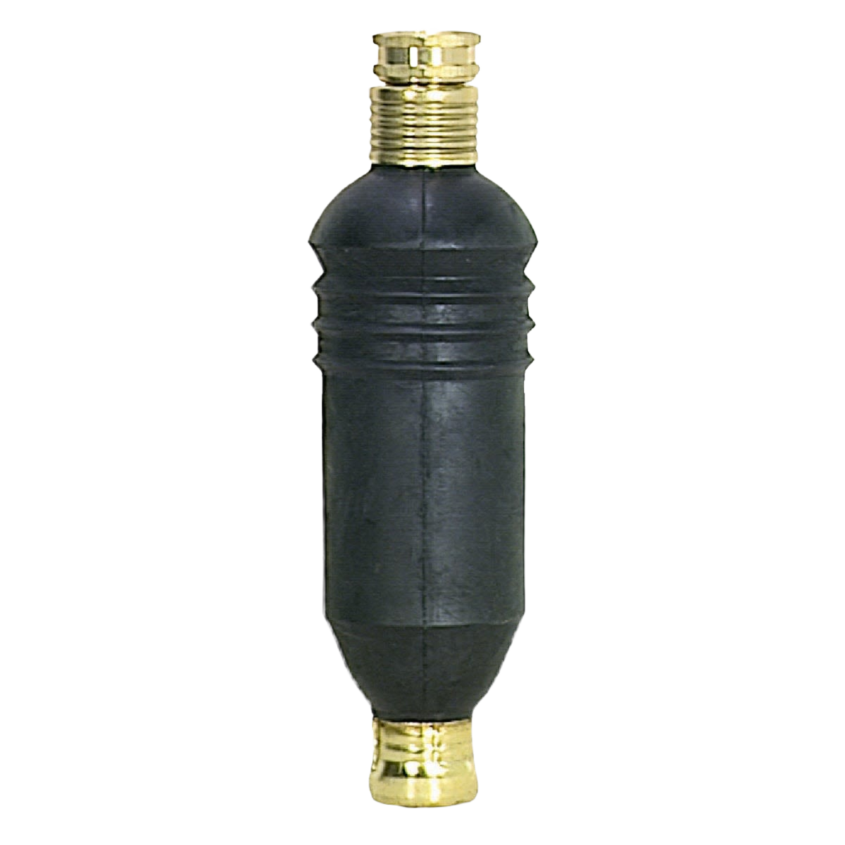 Black rubber water-pressure drain opener with brass threaded fittings for home improvement and plumbing tasks