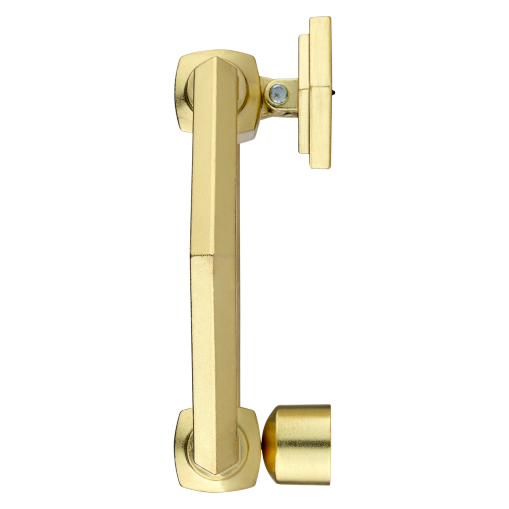 Brushed gold zinc door knocker with modern angular design for door accessories and home improvement projects