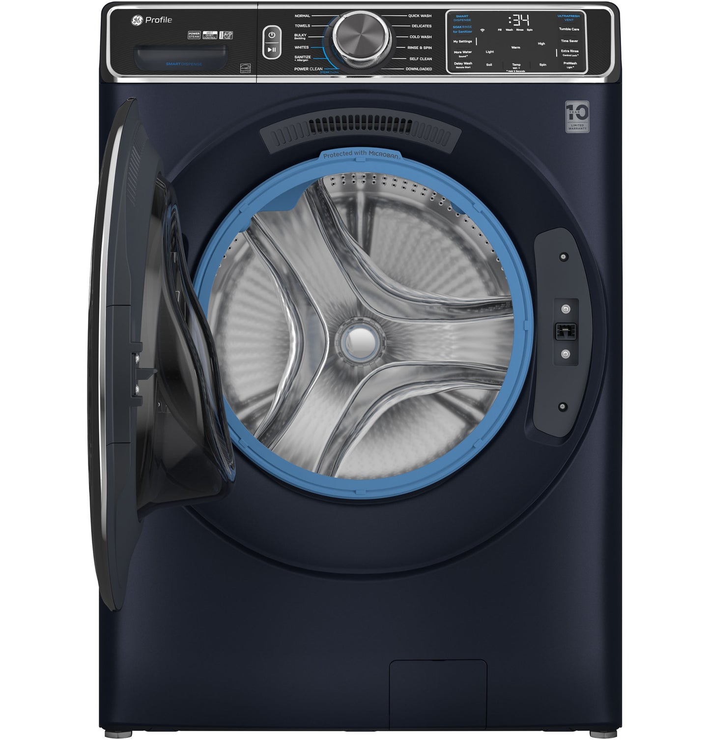 Smart front load washer in dark finish with open door showing stainless steel drum from Front Load Washers collection