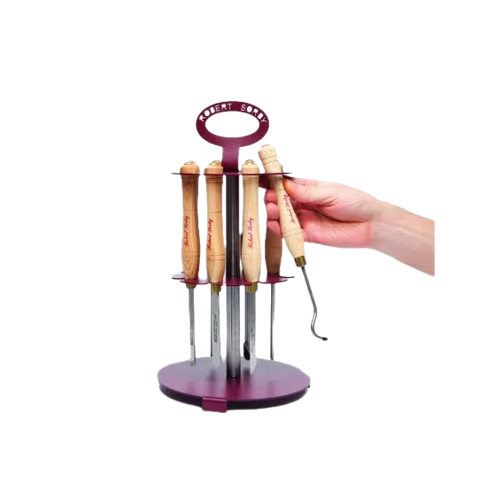 Rotating carousel rack holding eight woodturning tools with wooden handles for woodworking projects under $100 collection