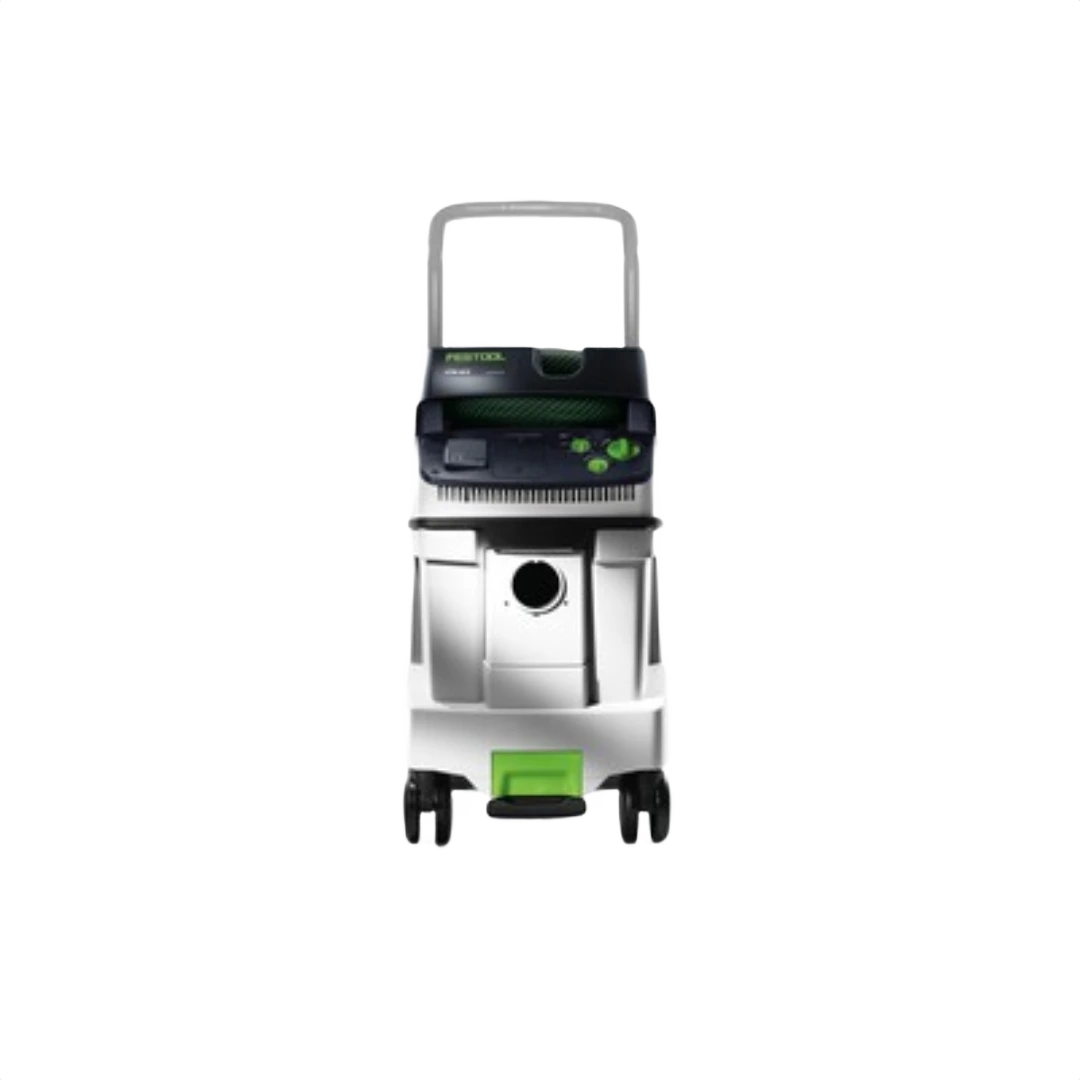 Compact Festool dust extractor with steel handle, wheels for mobility in woodworking and dust management tools collection