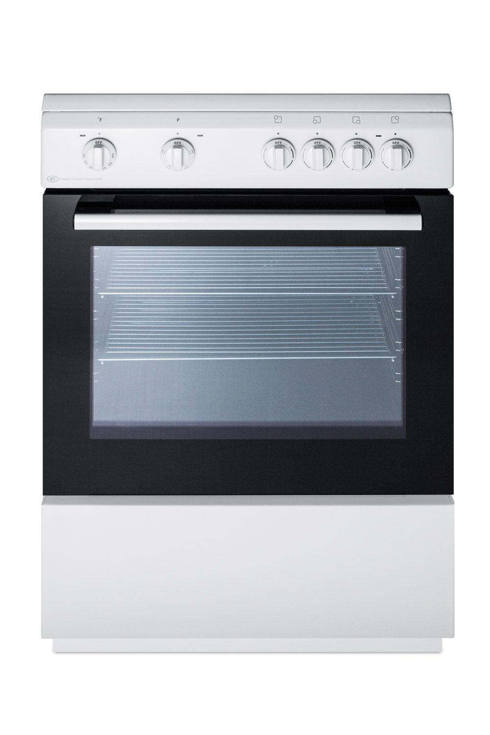 White electric range with smooth top and control knobs above oven window showcasing interior racks in appliance collection