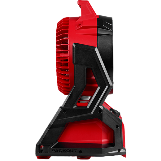 Compact red and black cordless brushless fan designed for efficient cooling in home improvement and tool use