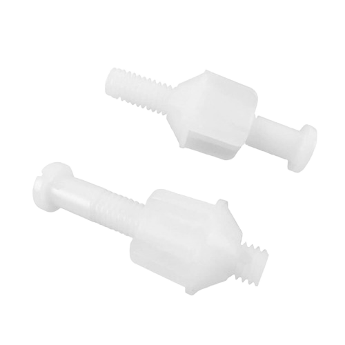 Pair of white 3/8 inch plastic hinge bolts for toilet seats in plumbing repair and bathroom accessories collections