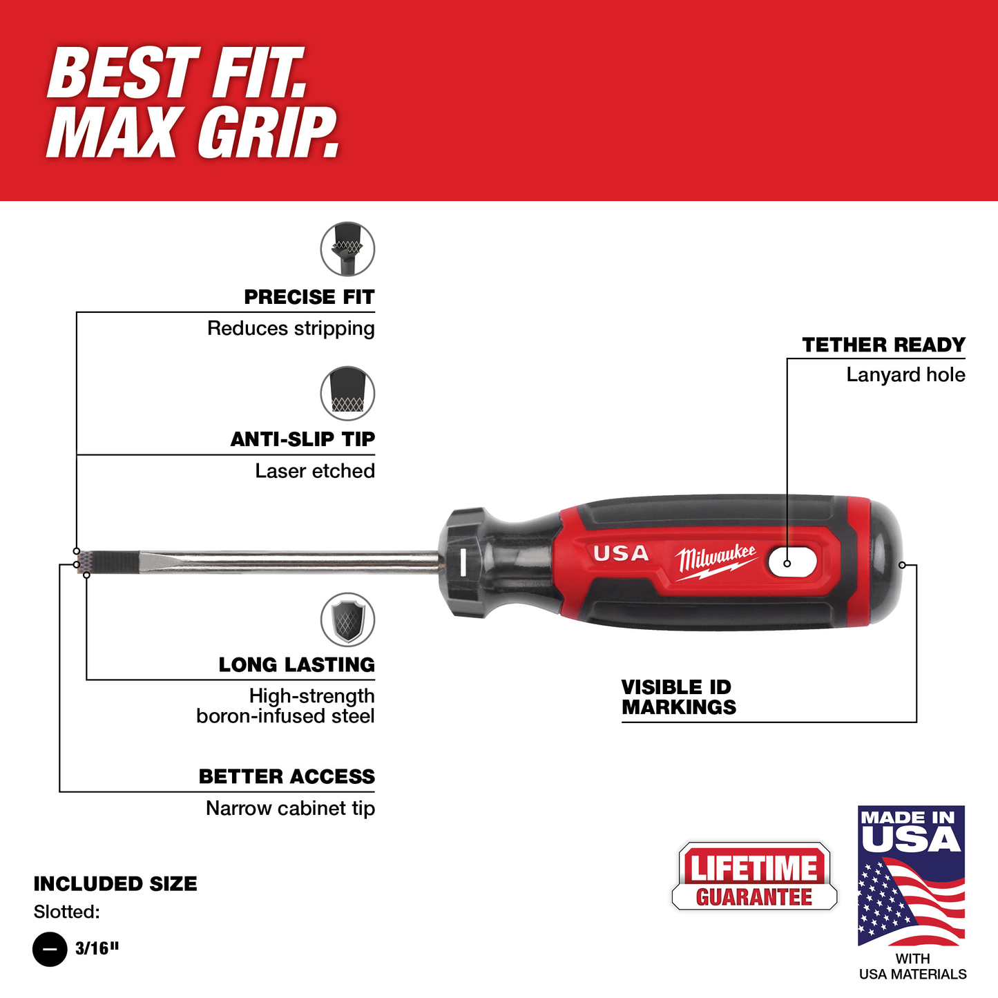 Red and black screwdriver with cushion grip handle, narrow cabinet tip, and lanyard hole for tools and home improvement use