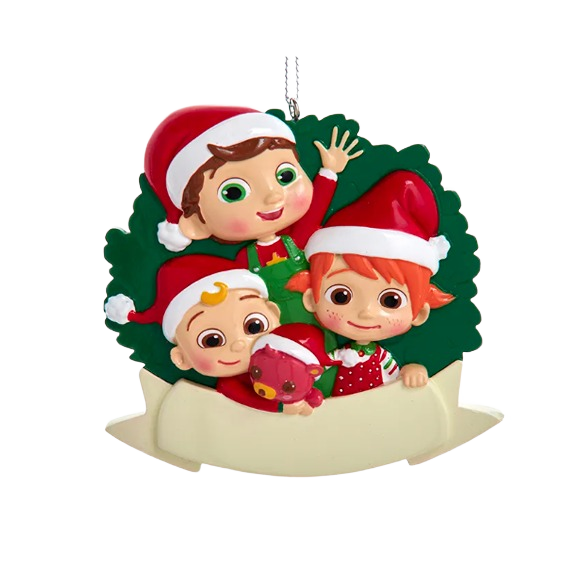 Personalized Christmas ornament featuring cartoon children in Santa hats with festive green wreath background for tree decoration