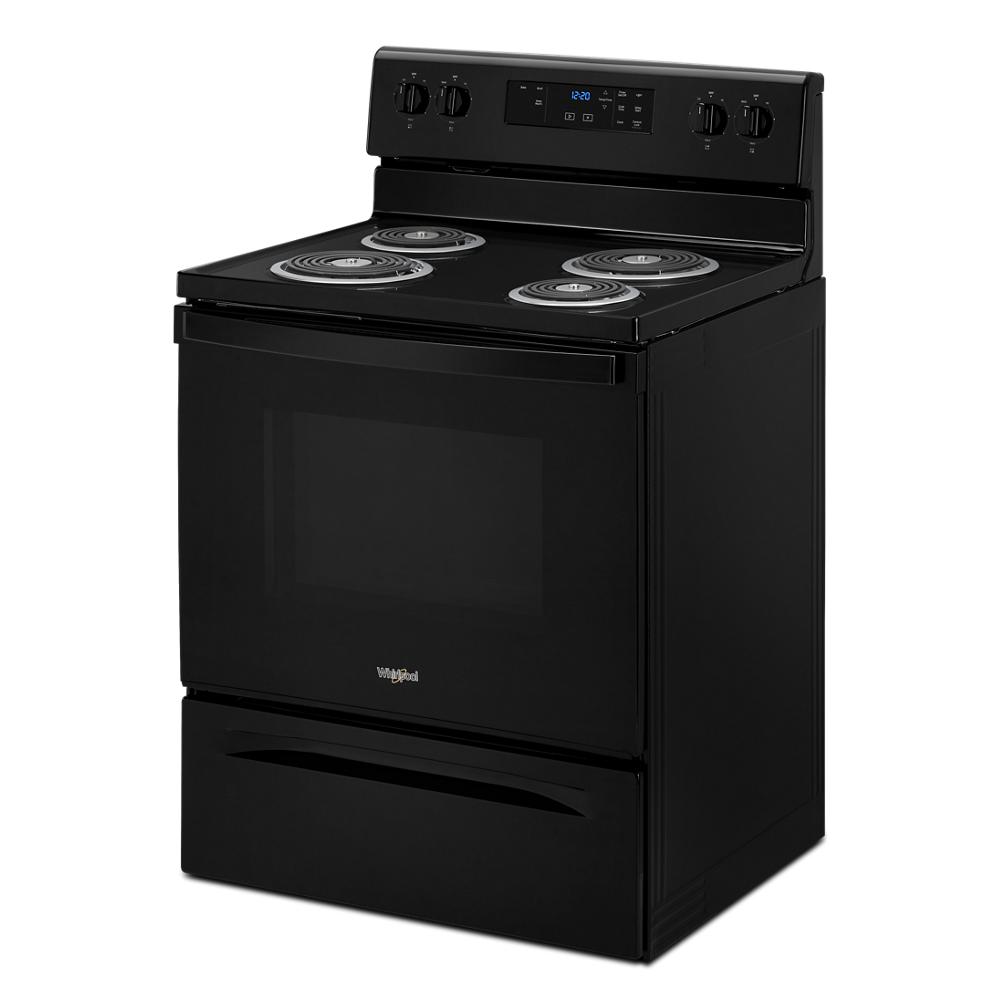 black electric range with four coil burners and digital display for kitchen and home improvement appliances