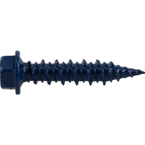Close-up of a dark blue hex washer-head screw for home improvement and fastener applications in hardware collection