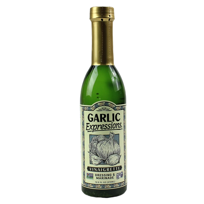 Green glass bottle of Garlic Expressions vinaigrette with gold cap, part of salad dressings and food & beverage collections