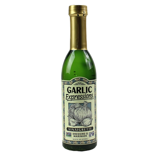 Green glass bottle of Garlic Expressions vinaigrette with gold cap, part of salad dressings and food & beverage collections