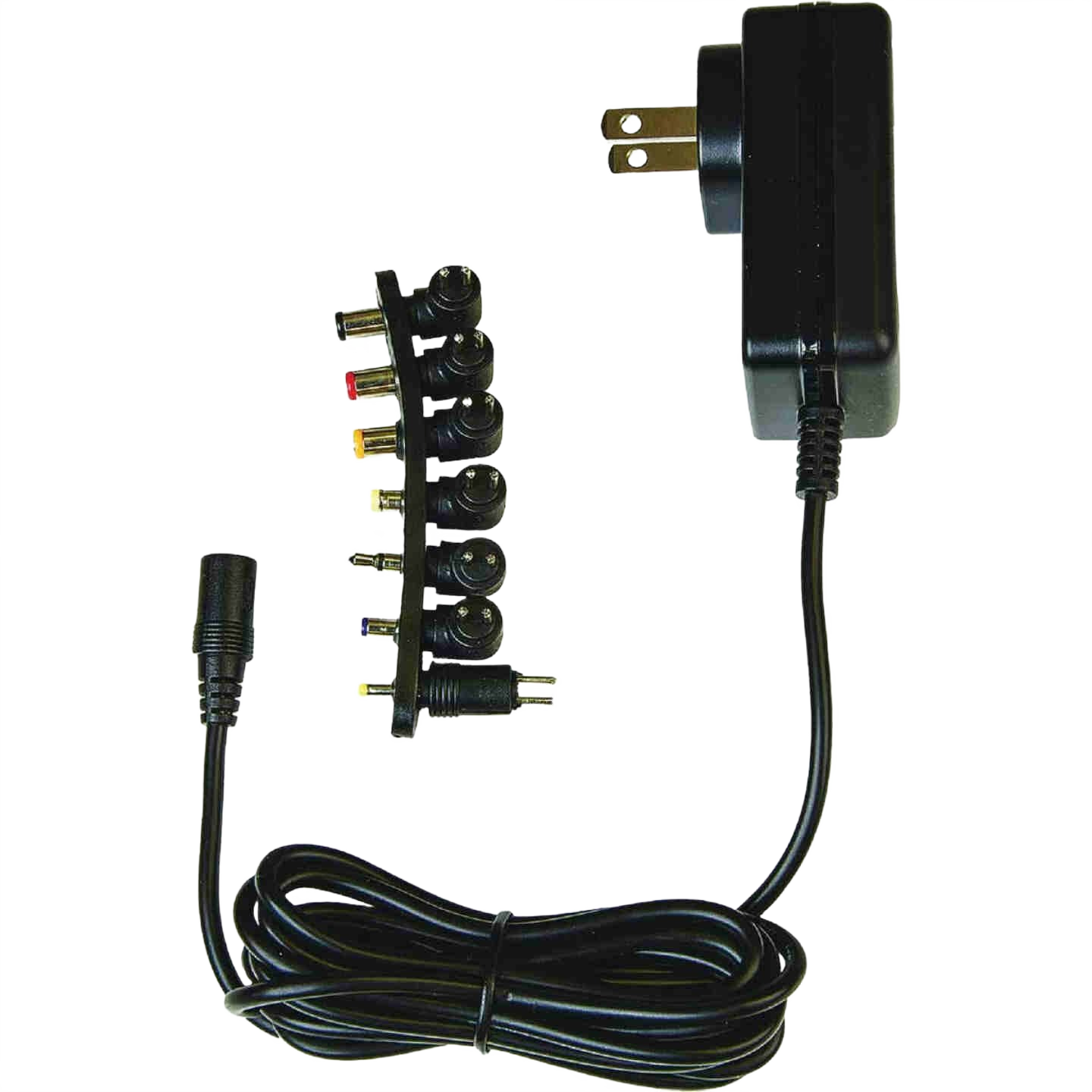 Black universal AC to DC power adapter with multiple interchangeable RCA connector tips for electronic devices and home use