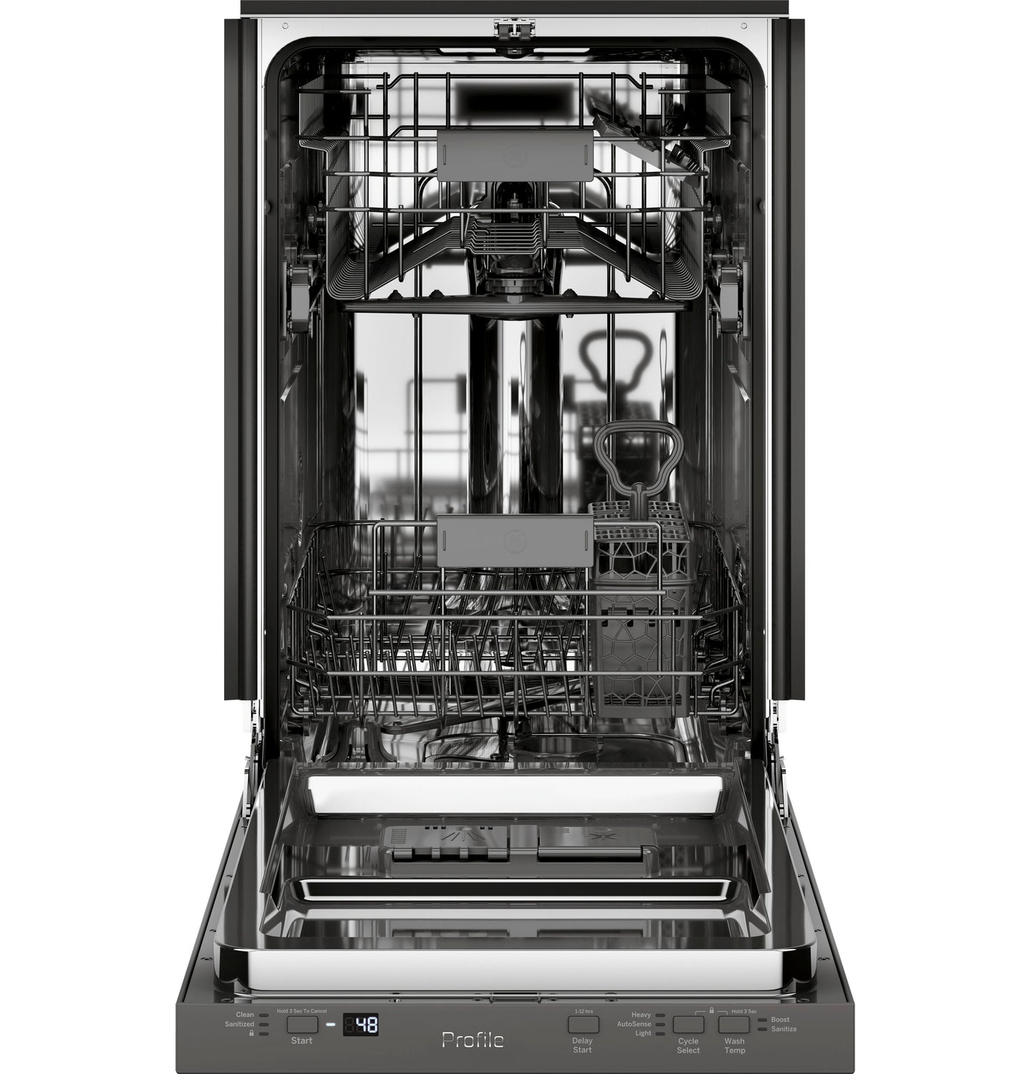 Open stainless steel interior dishwasher with racks and digital control panel, part of dishwashers and kitchen appliances collection