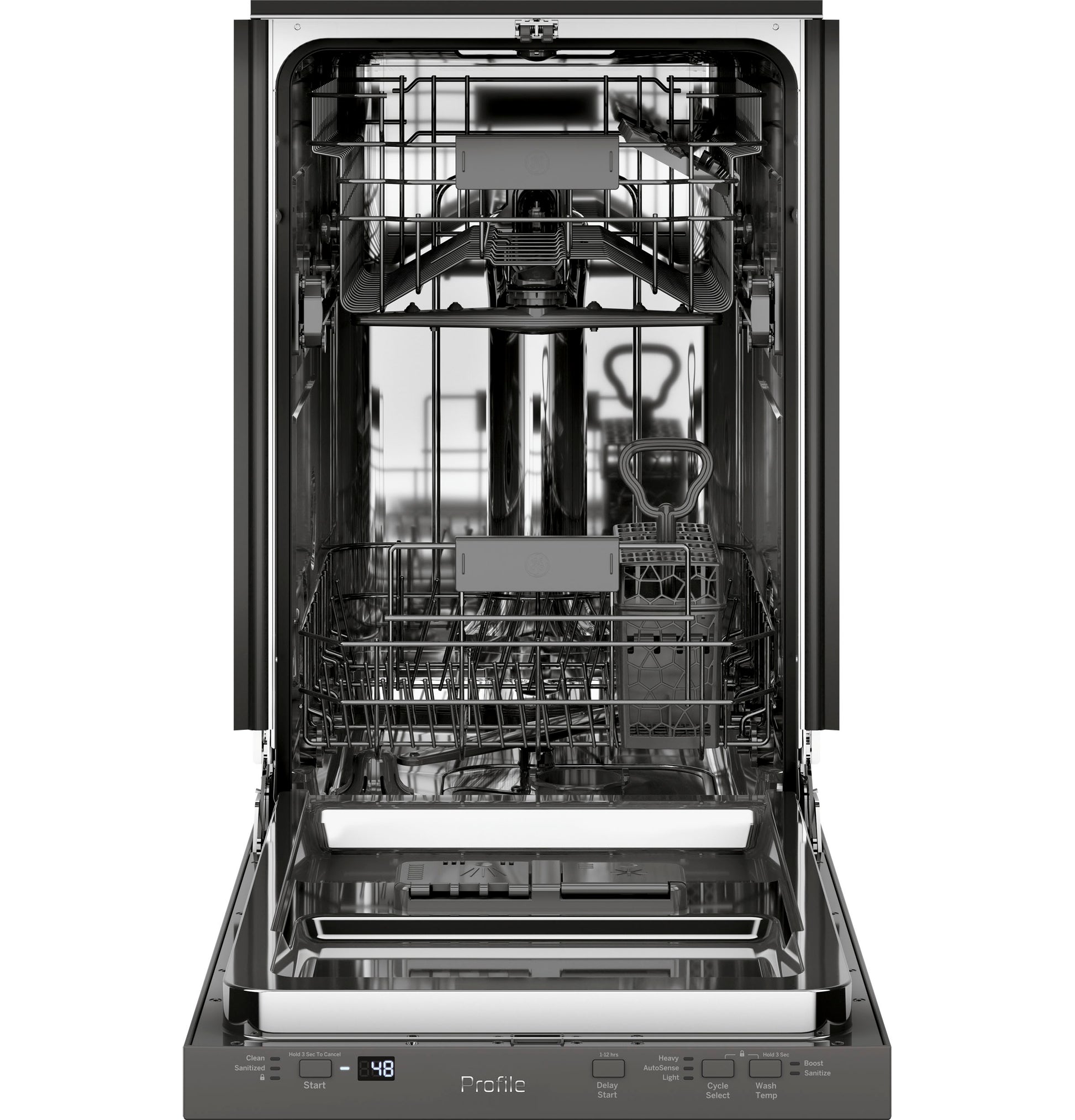 Open stainless steel interior dishwasher with racks and digital control panel, part of dishwashers and kitchen appliances collection
