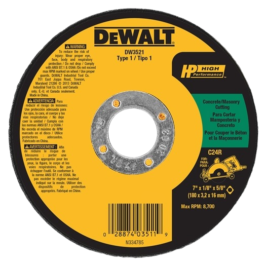 DeWalt high performance cutting wheel for concrete and masonry with reinforced steel center for power tool use.