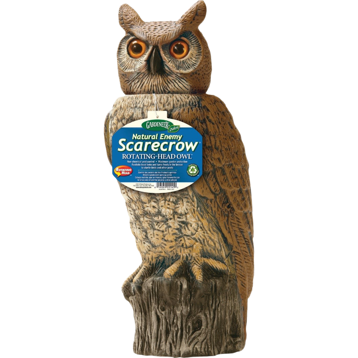 Realistic rotating head owl decoy designed for lawn and garden pest deterrent in insect and pest control collections