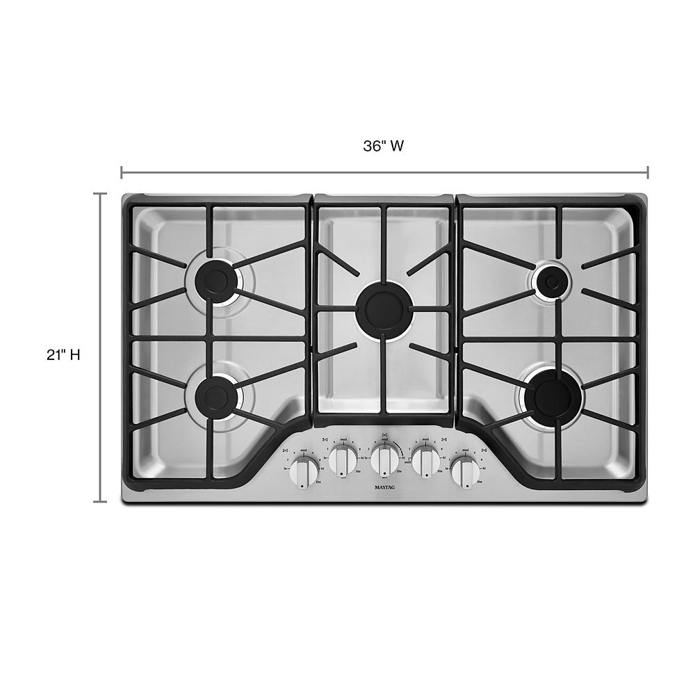 36-inch wide stainless steel gas cooktop with five burners and front control knobs for kitchen appliances and home improvement