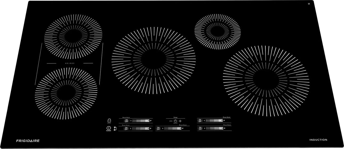 Black 36-inch induction cooktop with five cooking zones and touch control panel from Kitchen & Kitchenware collection