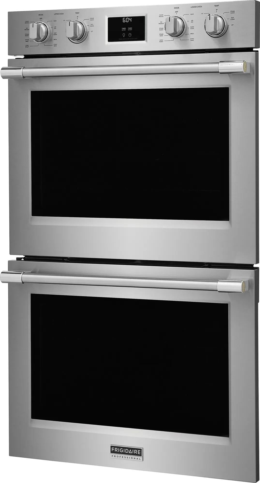 Stainless steel double wall oven with digital timer and knobs, part of kitchen appliances and home improvement collection