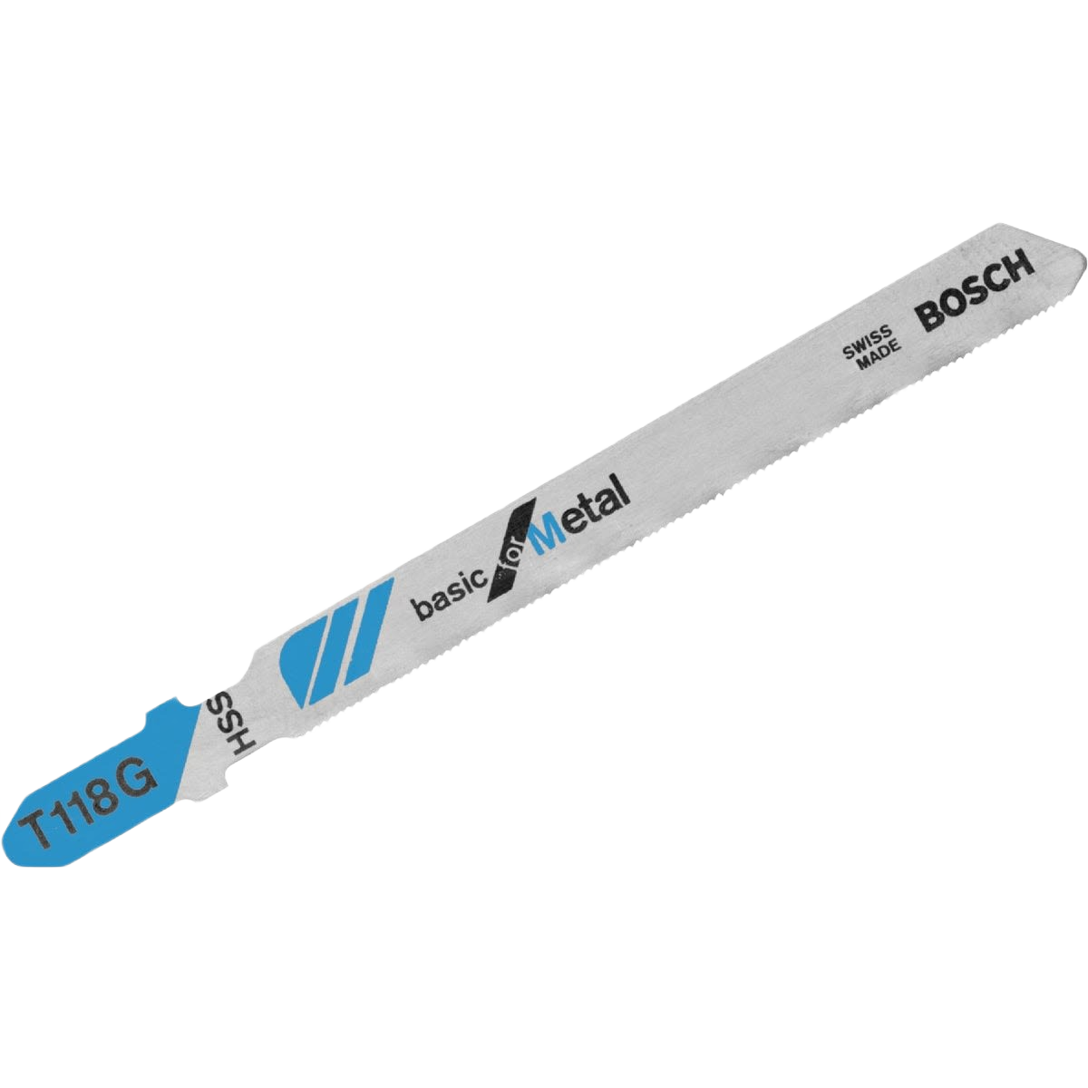 Silver metal T-shank jigsaw blade with 36 TPI for cutting metal in woodworking and power tool accessories collections