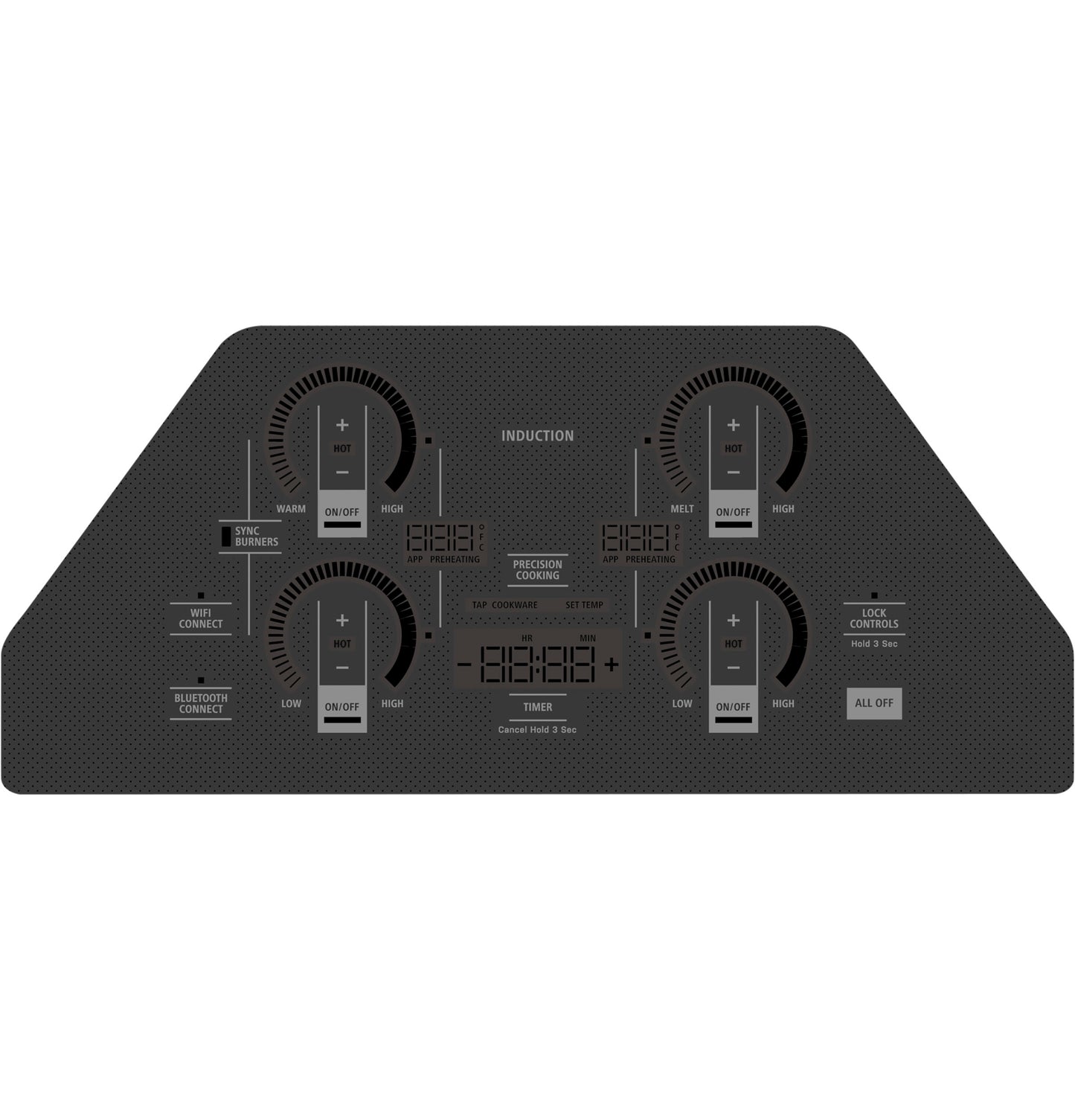 Control panel of black Monogram 30-inch induction cooktop with digital timer and four circular touch controls in kitchen appliances collection