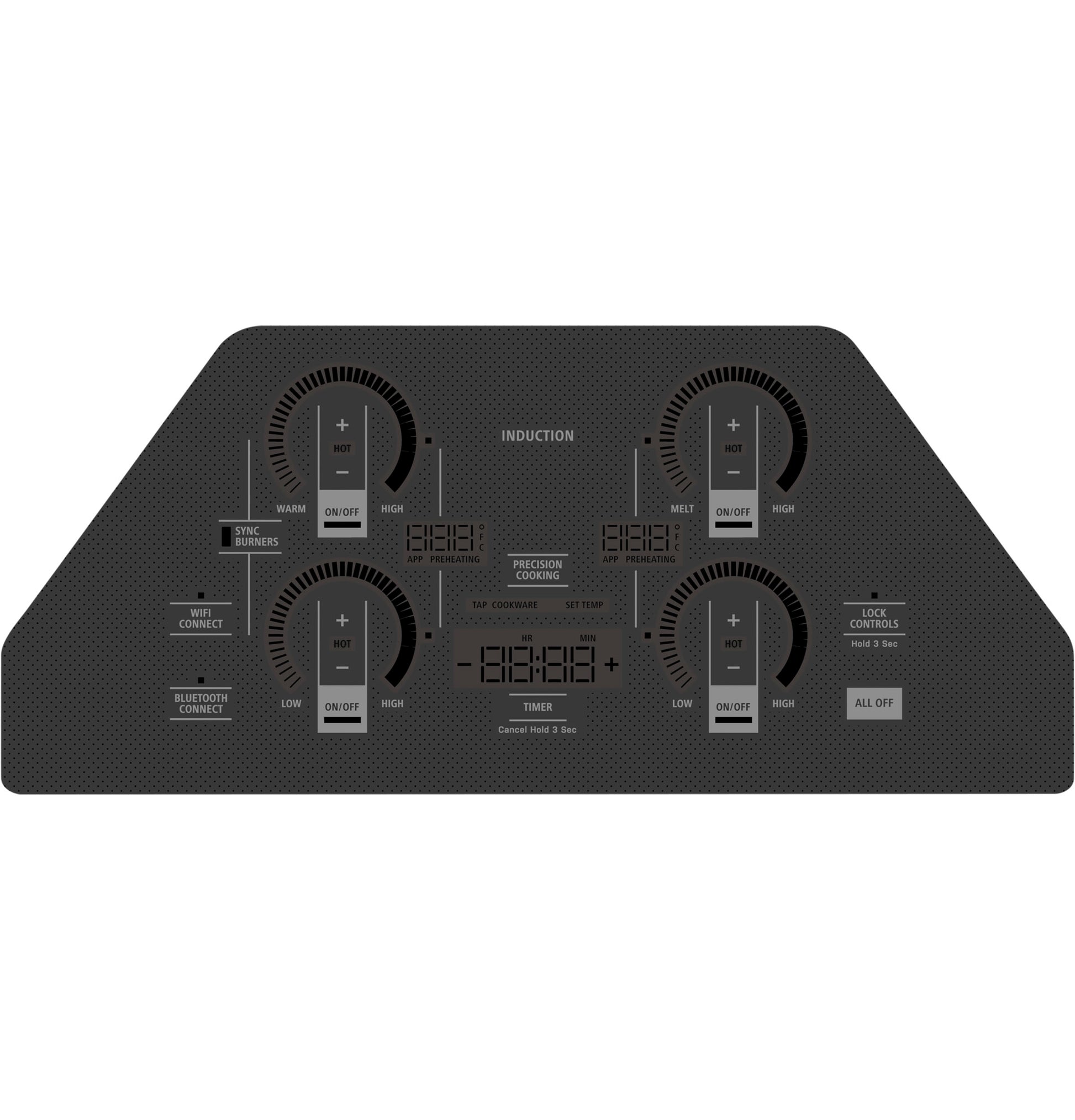 Control panel of black Monogram 30-inch induction cooktop with digital timer and four circular touch controls in kitchen appliances collection