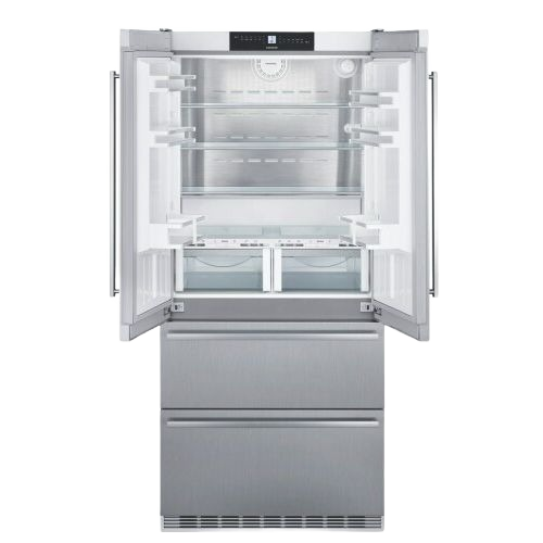 Open stainless steel freestanding French door refrigerator with bottom freezer drawers in kitchen appliances collection