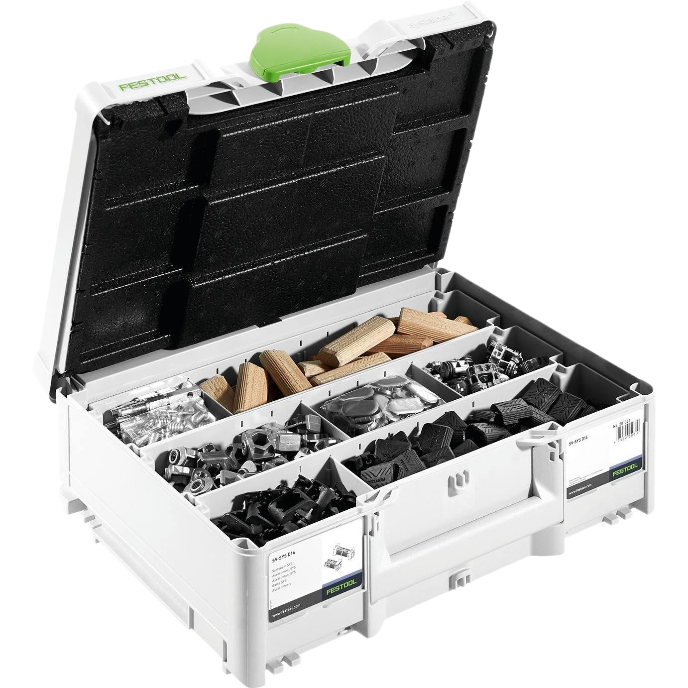 Organized plastic case with various Festool domino connectors and wooden dowels for tools and home improvement projects