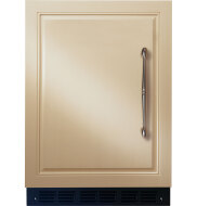 Beige panel-ready fresh-food refrigerator with decorative molding and brushed metal handle in kitchen appliances collection