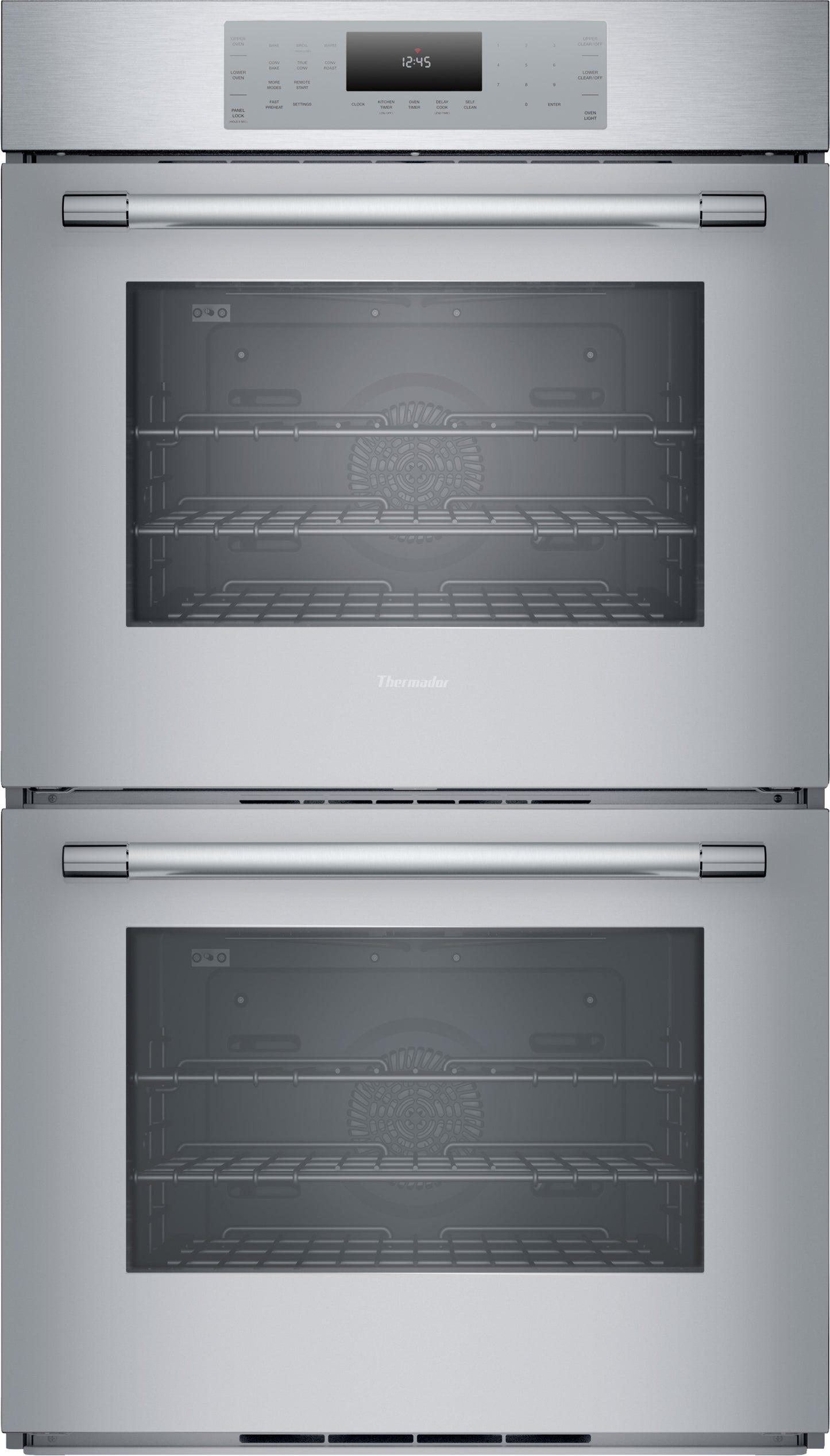 Stainless steel double wall oven with digital control panel and multiple racks in Thermador kitchen appliances collection