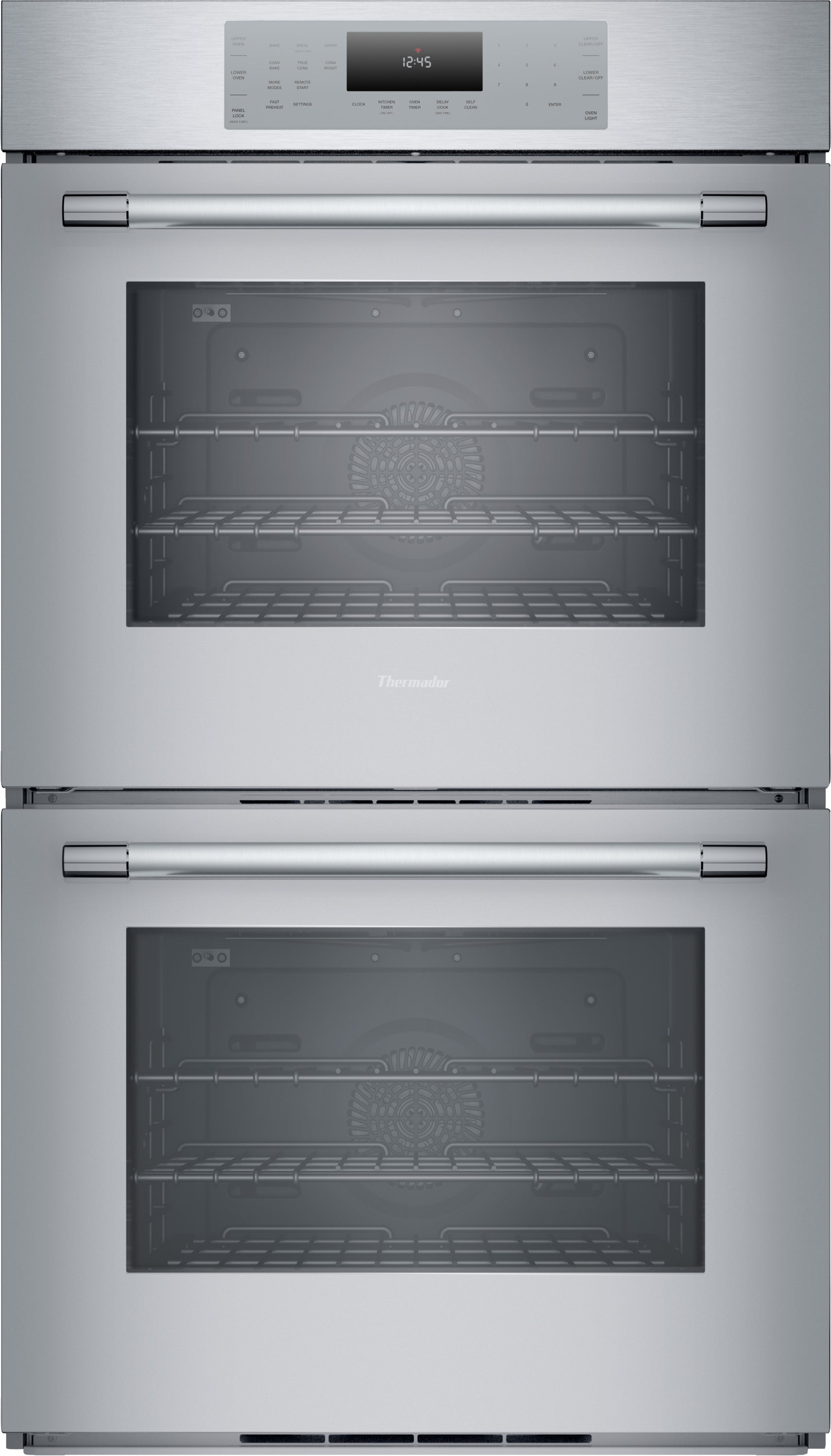 Stainless steel double wall oven with digital control panel and multiple racks in Thermador kitchen appliances collection