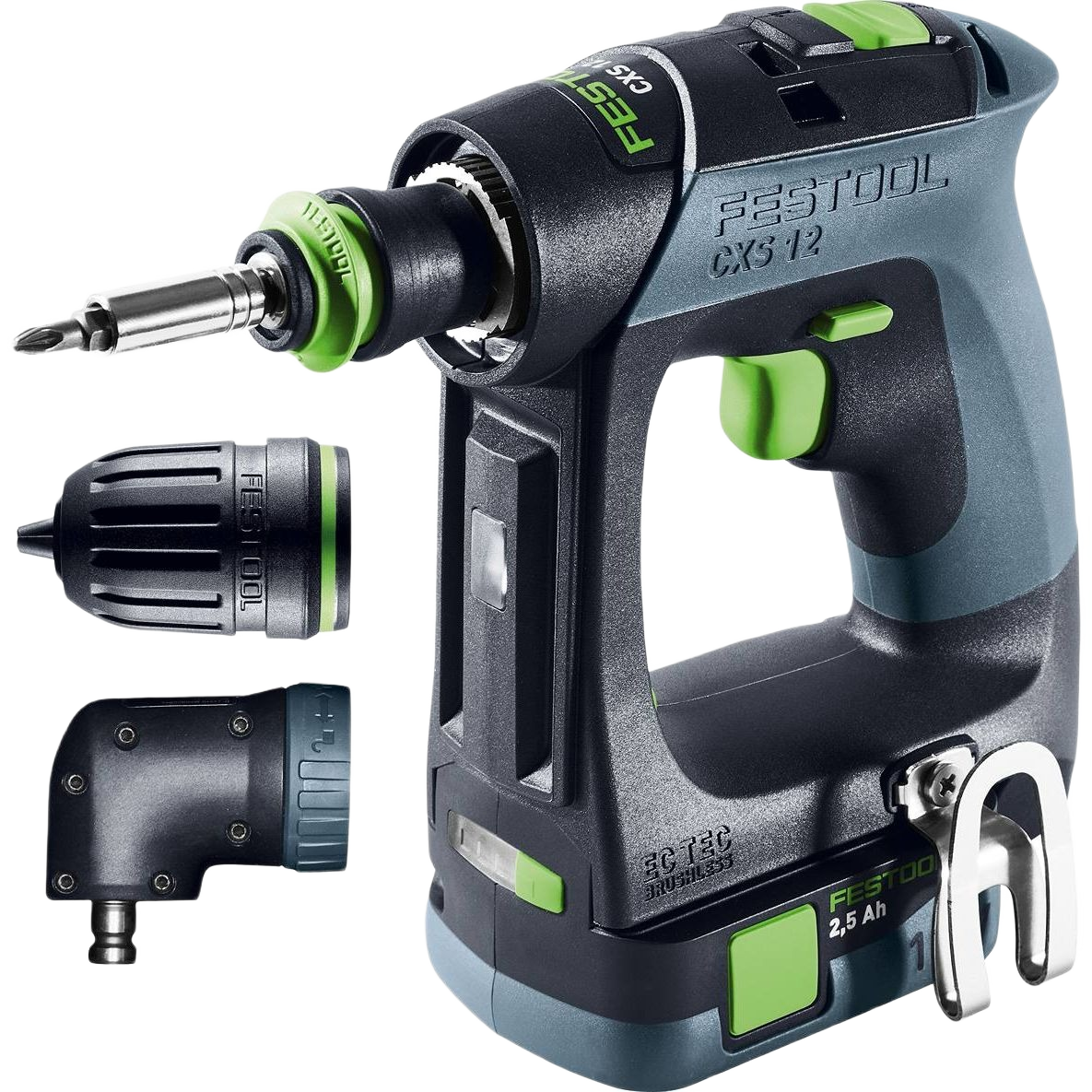 Cordless drill with brushless motor, interchangeable keyless chucks, right-angle attachment, and belt clip for tools and home improvement