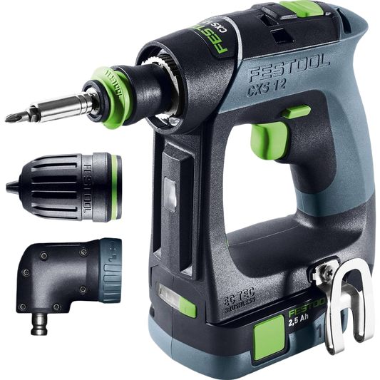 Cordless drill with brushless motor, interchangeable keyless chucks, right-angle attachment, and belt clip for tools and home improvement