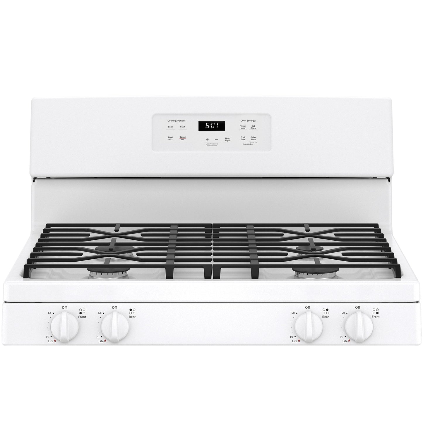 White free-standing gas range with five burners and digital control panel in kitchen appliances collection