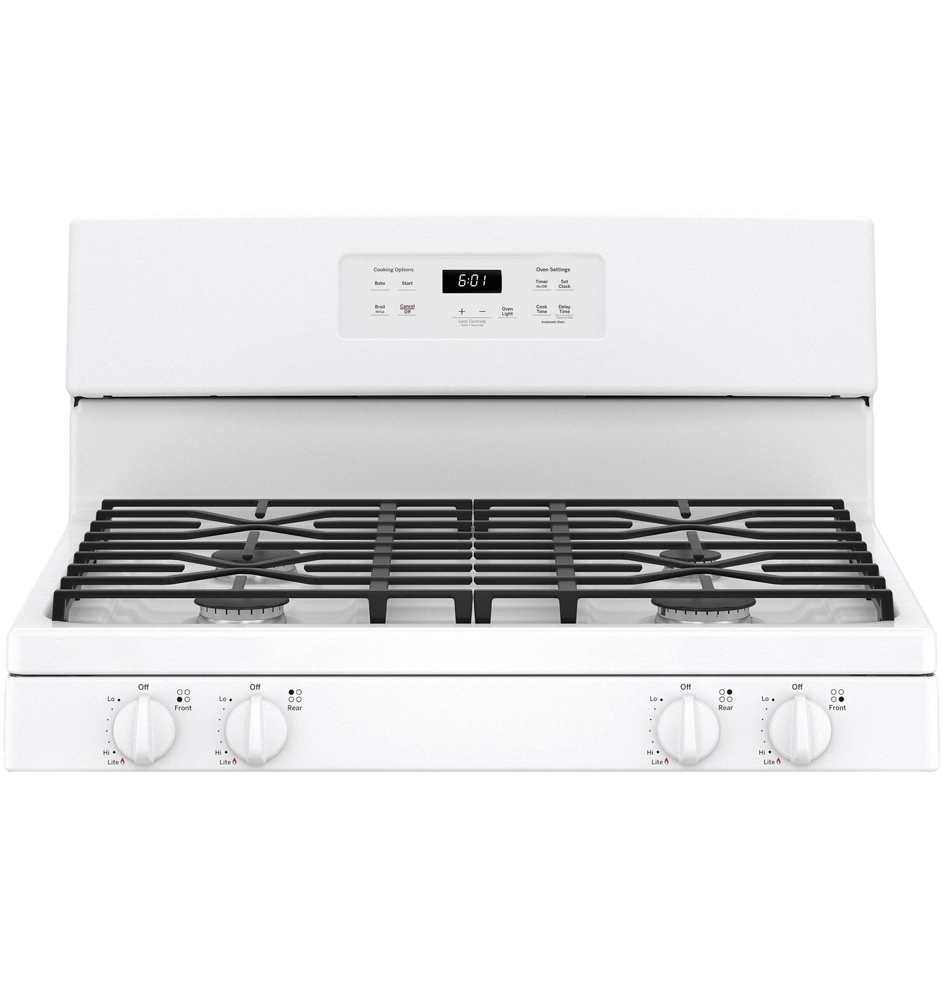 White free-standing gas range with five burners and digital control panel in kitchen appliances collection