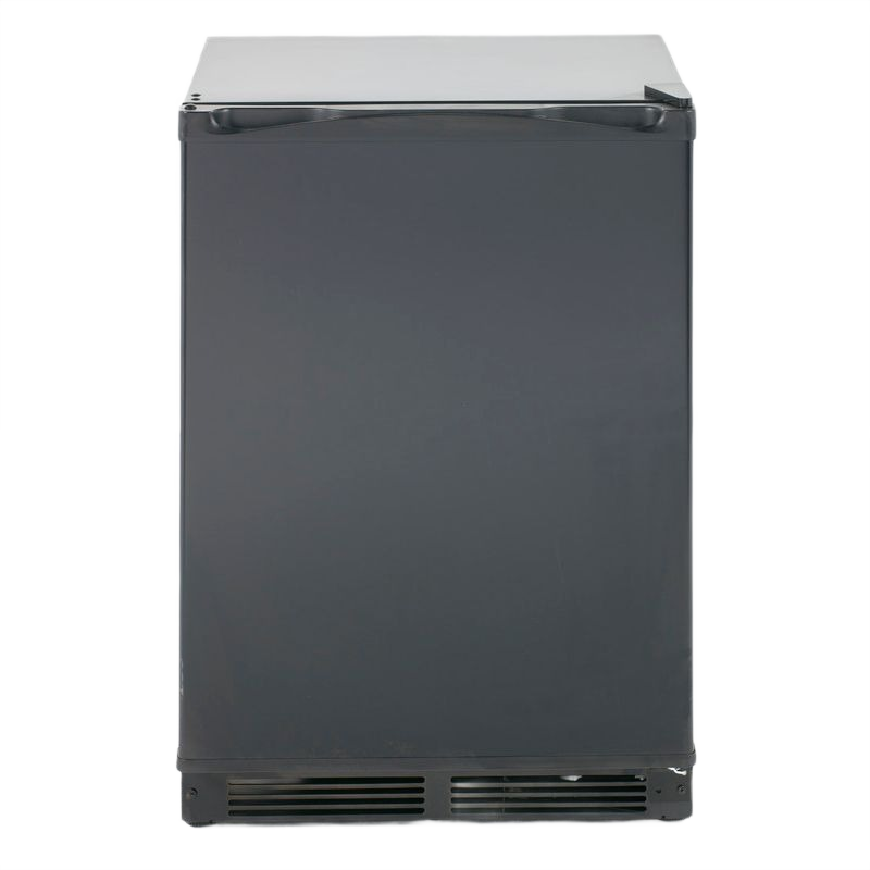 Compact black counterhigh refrigerator with smooth door and recessed handle for kitchen and appliance use