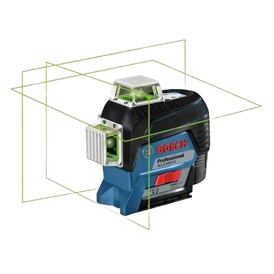 Bosch 3-plane laser level tool projecting green laser lines for precise alignment in measuring and woodworking tasks