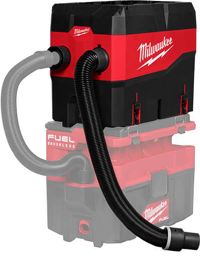 Compact red and black Milwaukee debris separator with flexible hoses for tools and home improvement use