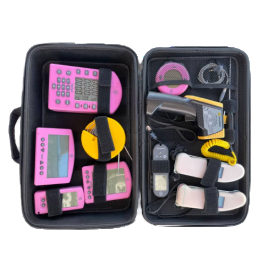 Black zippered storage case with organized compartments holding pink and yellow digital measuring tools and accessories