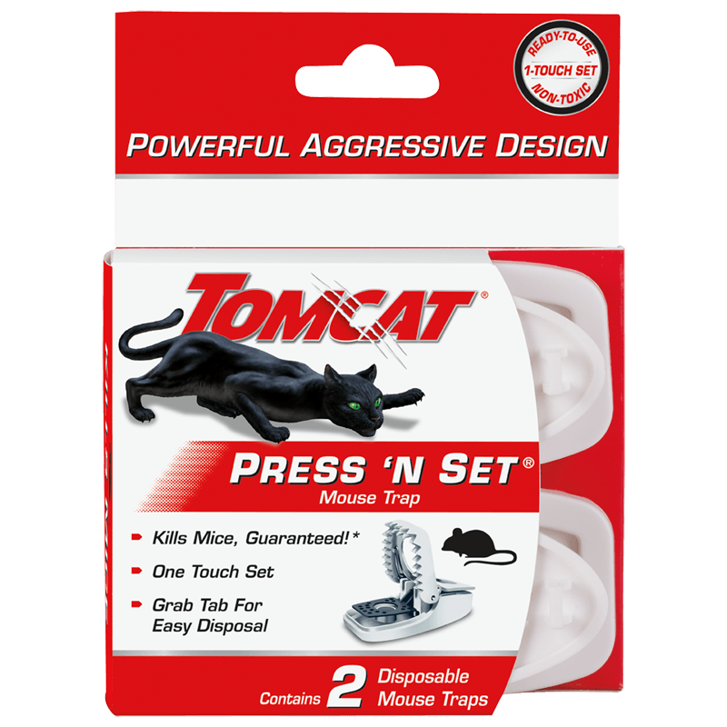 Two-pack of white Tomcat Press 'N Set mouse traps in red and white packaging for pest control under $50 collection