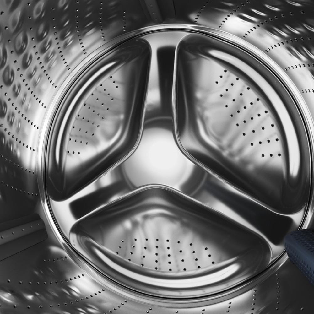 Stainless steel interior drum of a front load washer designed for effective cleaning in Washers & Dryers at Hartville Hardware