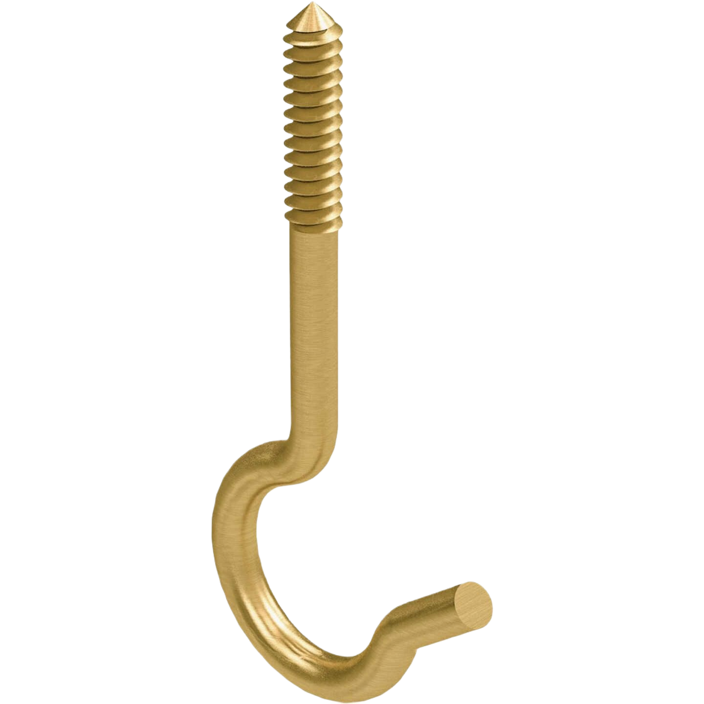 Brass screw-in ceiling hook with pointed threaded end for hanging items in home improvement projects