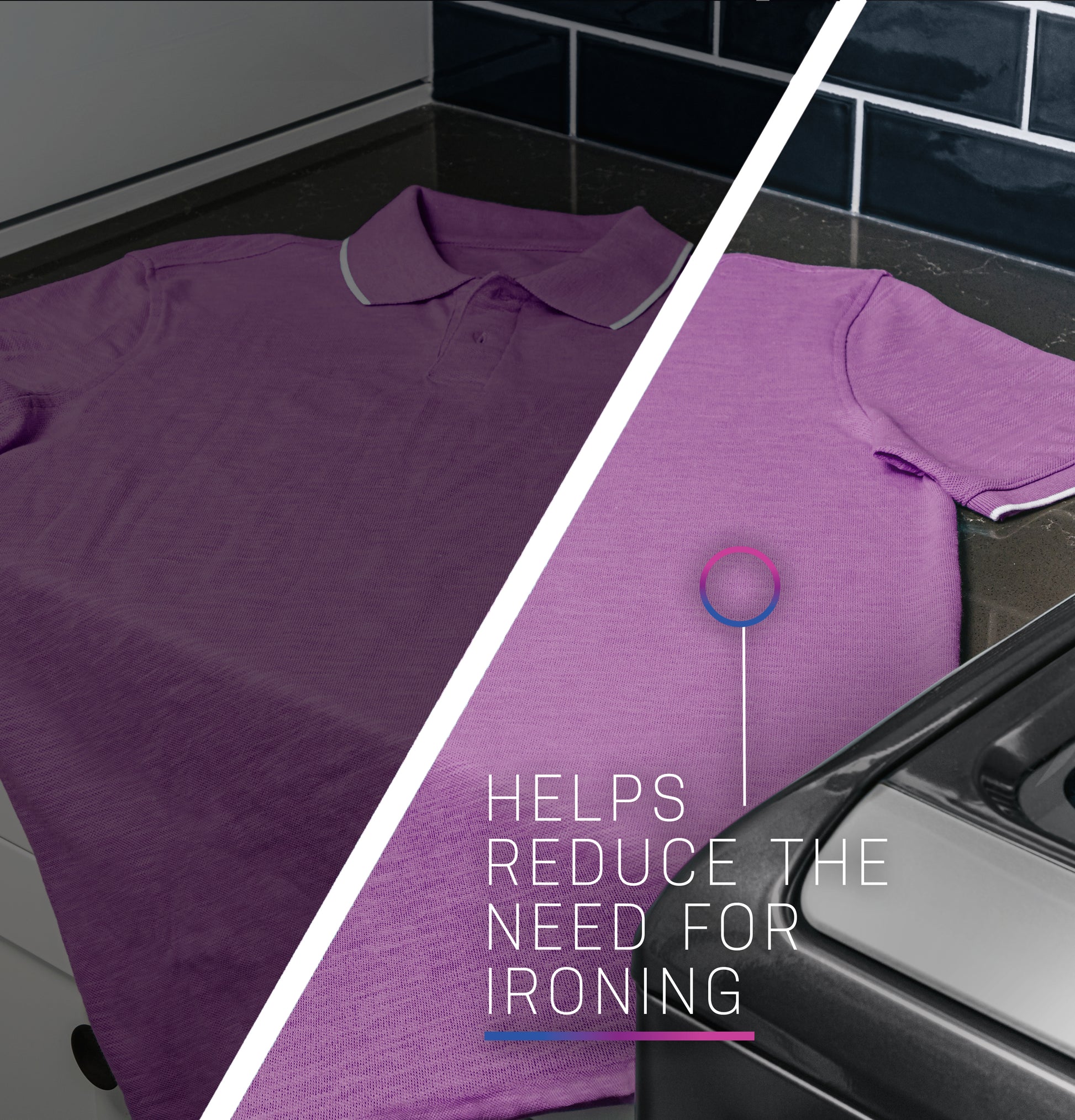 Side-by-side comparison of purple polo shirts showing fabric wrinkle reduction to minimize ironing in laundry appliances collection
