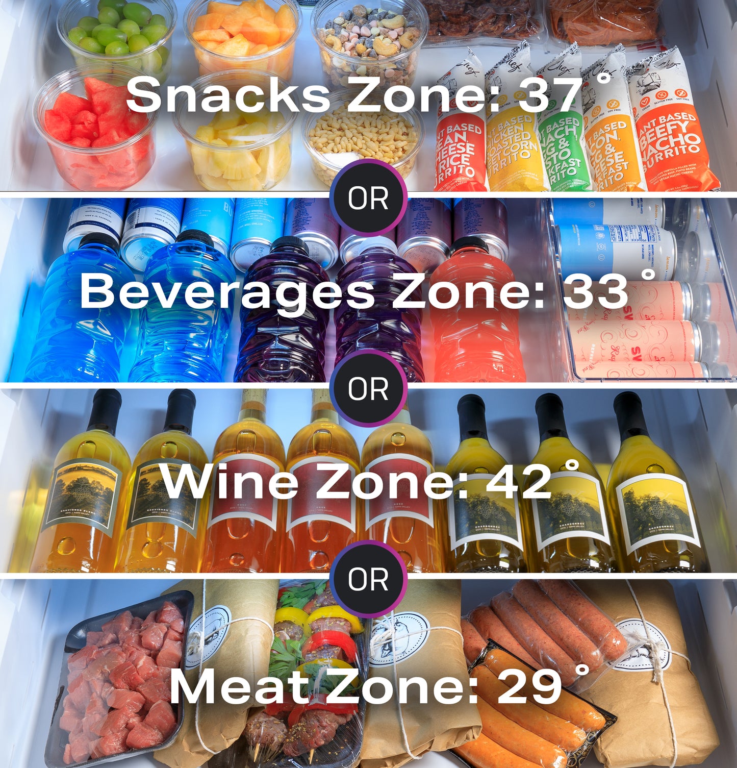 Organized refrigerator drawers showing snacks, beverages, wine bottles, and meat in separate temperature zones