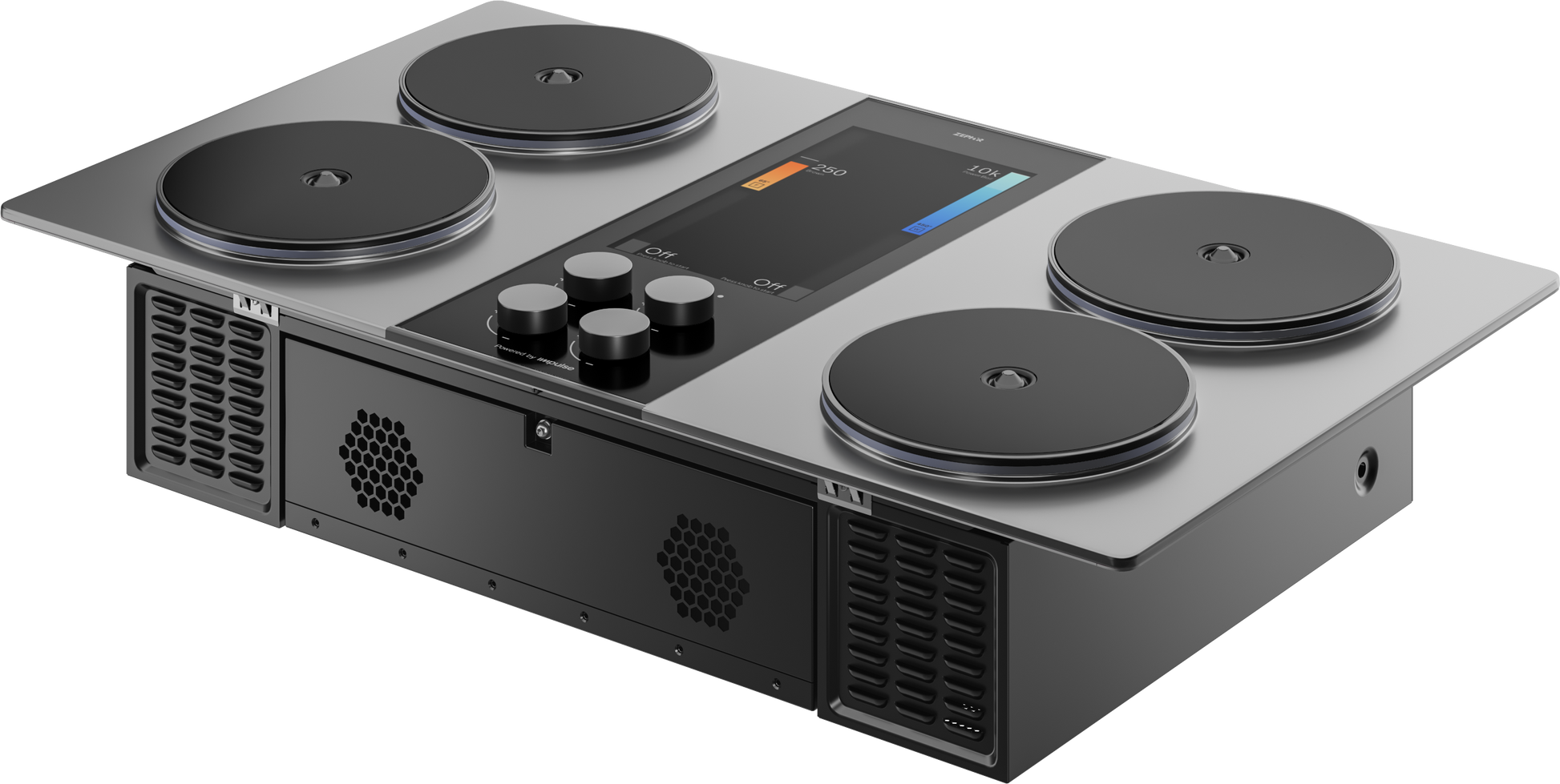 Charcoal-colored induction cooktop featuring four circular cooking zones with control knobs, designed for kitchen and home improvement use at Hartville Hardware.