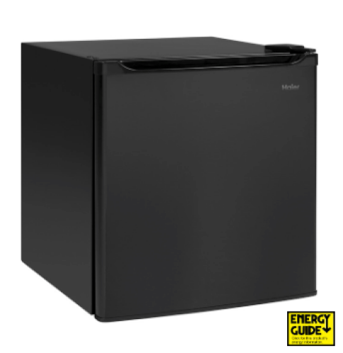 Black compact refrigerator with smooth finish and ENERGY STAR® label for mini refrigerators and kitchen appliances.