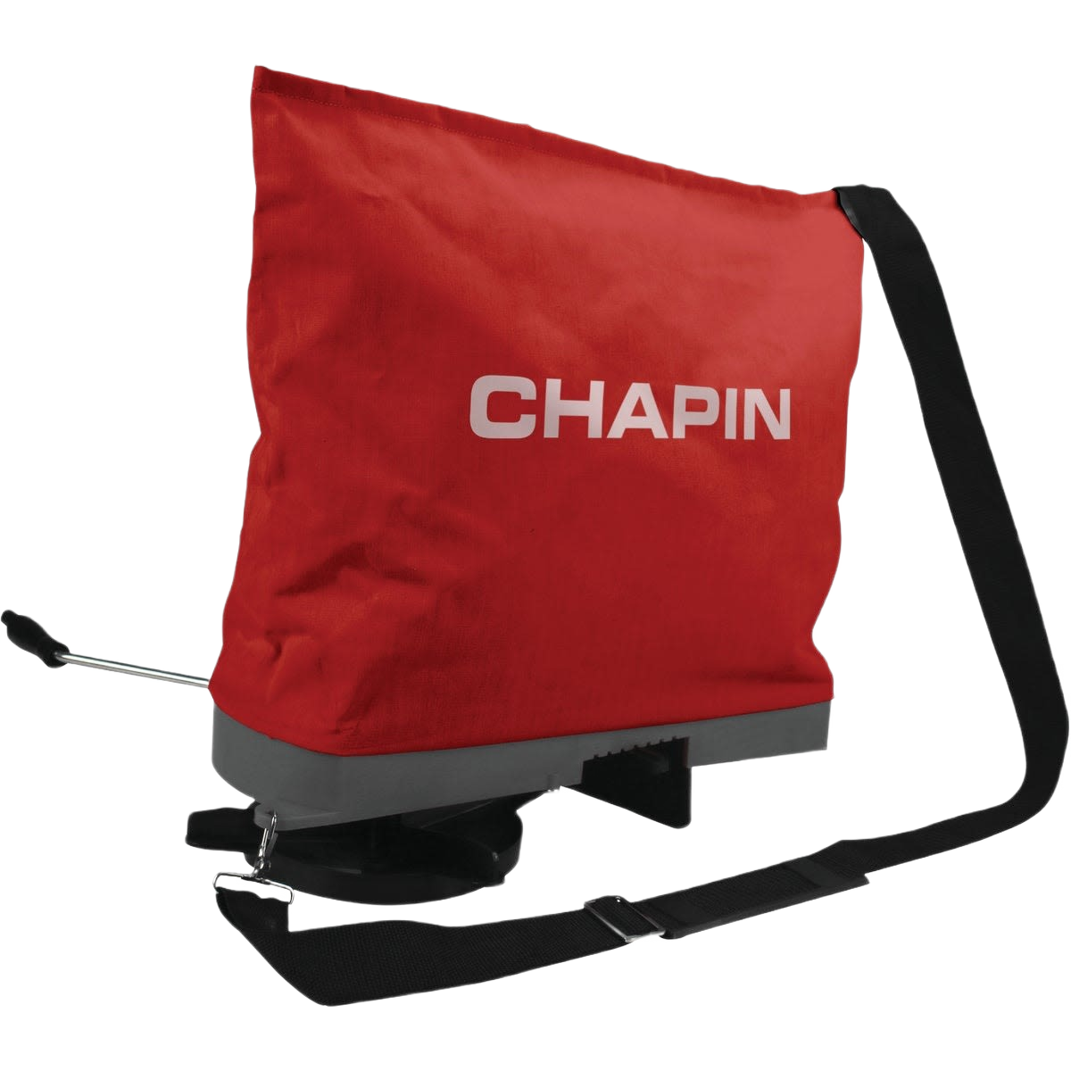 Red fabric handheld spreader with adjustable lever and black shoulder strap for home improvement and gardening tasks